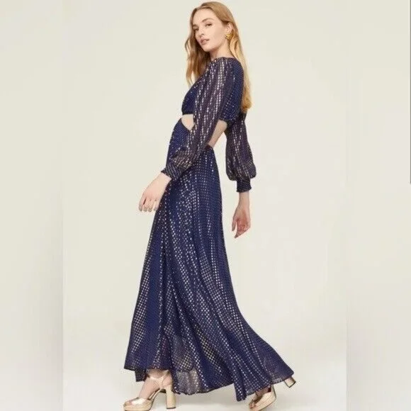 DELFI Collective Cerise Gown Size Small $648 Blue Polka Dot Metallic Gold - Picture 3 of 8